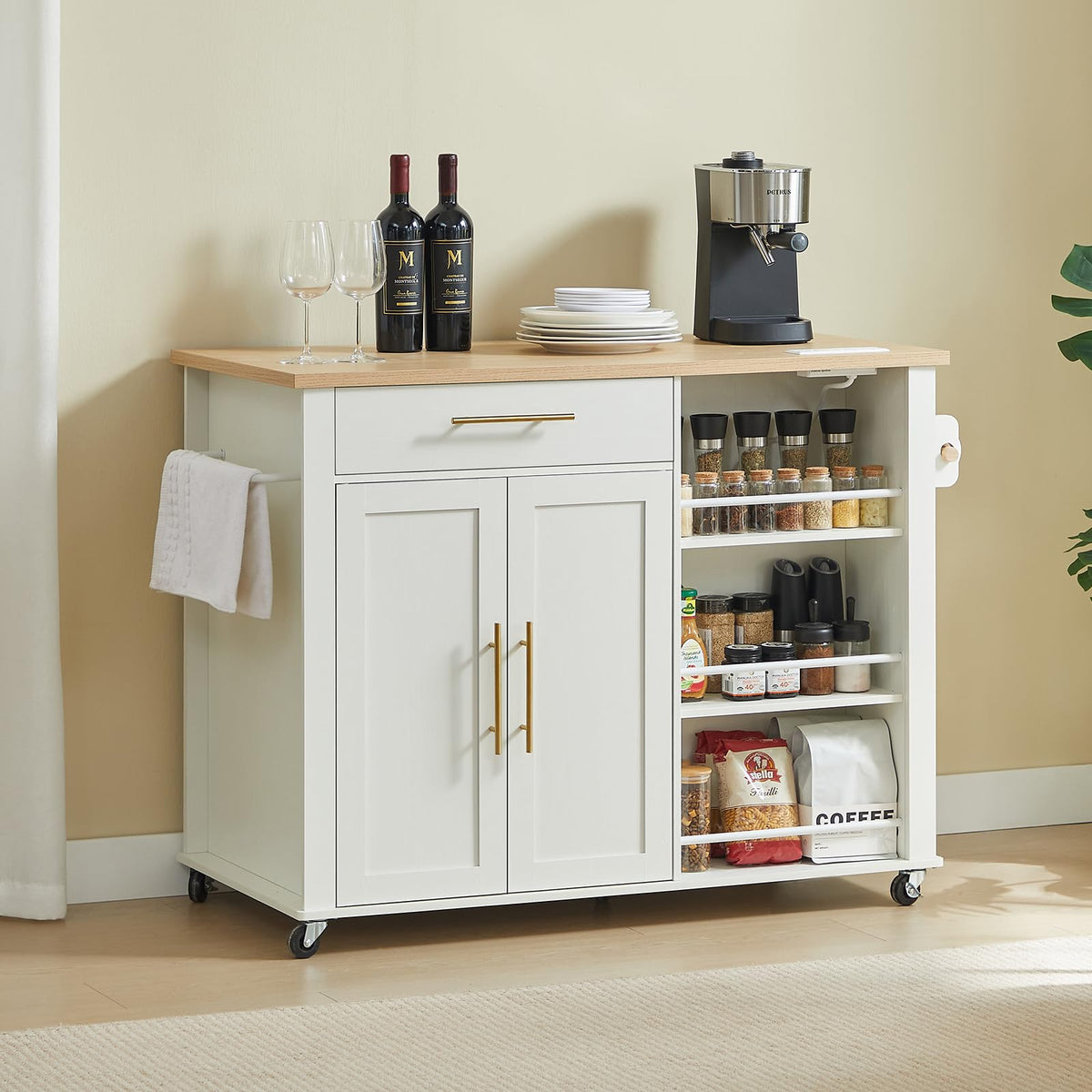 White Kitchen Island Cart with Power Outlet