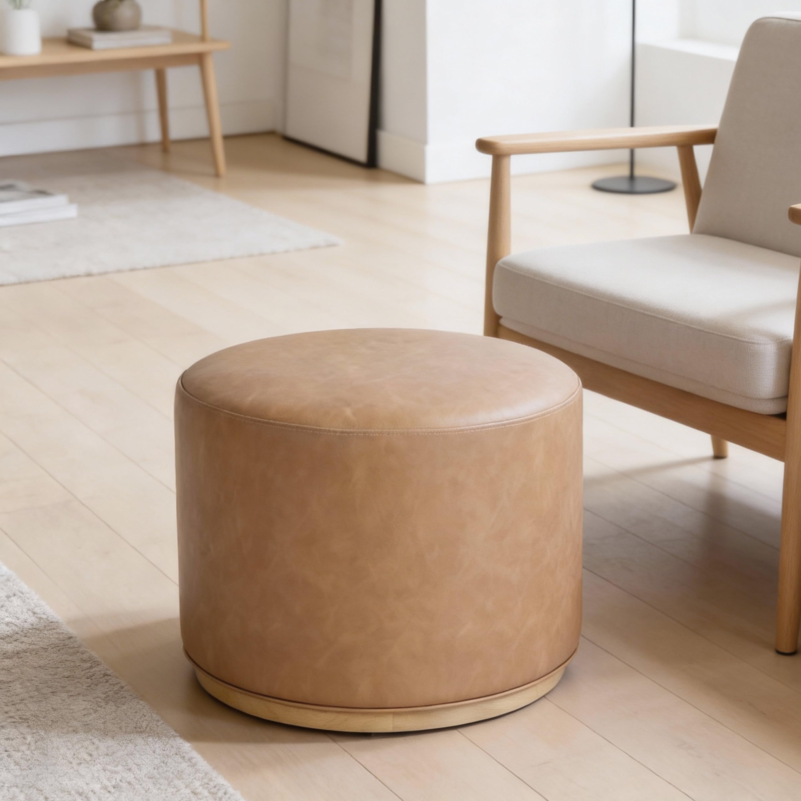 Spatial Order Faux Leather Ottoman with Wooden Base – 22” Round Upholstered Footrest, Sand Faux Leather, Modern Accent Stool for Living Room & Bedroom