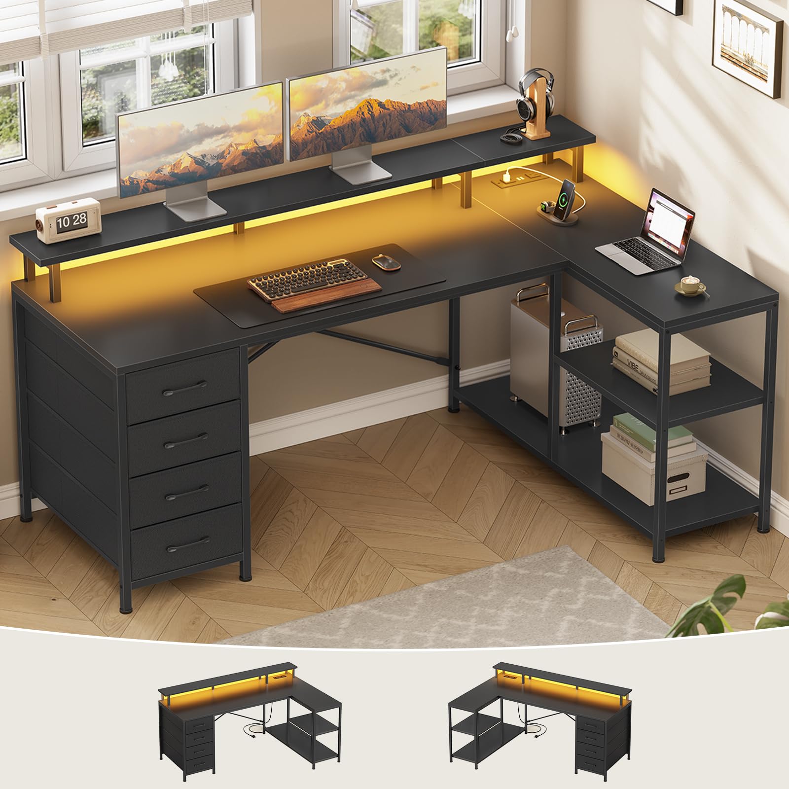 L-Shaped Desk with 4 Drawers, LED Lights & Power Outlet, 47 Inch