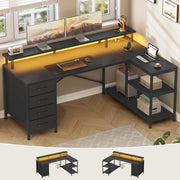 L-Shaped Desk with 4 Drawers, LED Lights & Power Outlet, 47 Inch