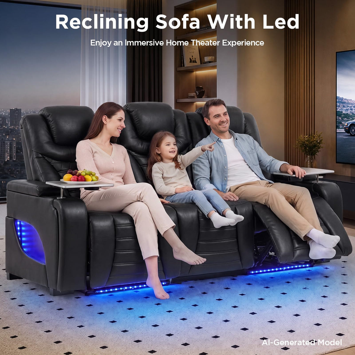 URRED Home Theater Seating Breathable Leather Power Recliner Sofa，Black