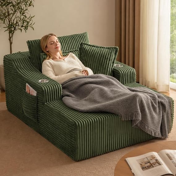 Oversized Chaise Lounge Chair with Cup Holder & Pillows