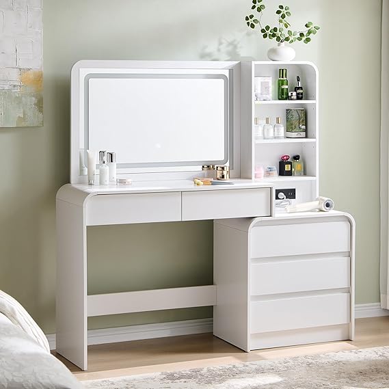 Vanity Desk with Mirror and Lights, 55.83" W, 5 Drawers & Charging Station