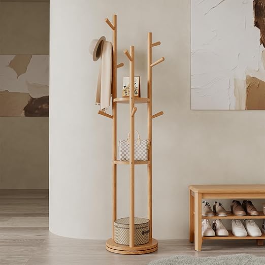 Rotating Wood Coat Rack with Shelves & Hooks
