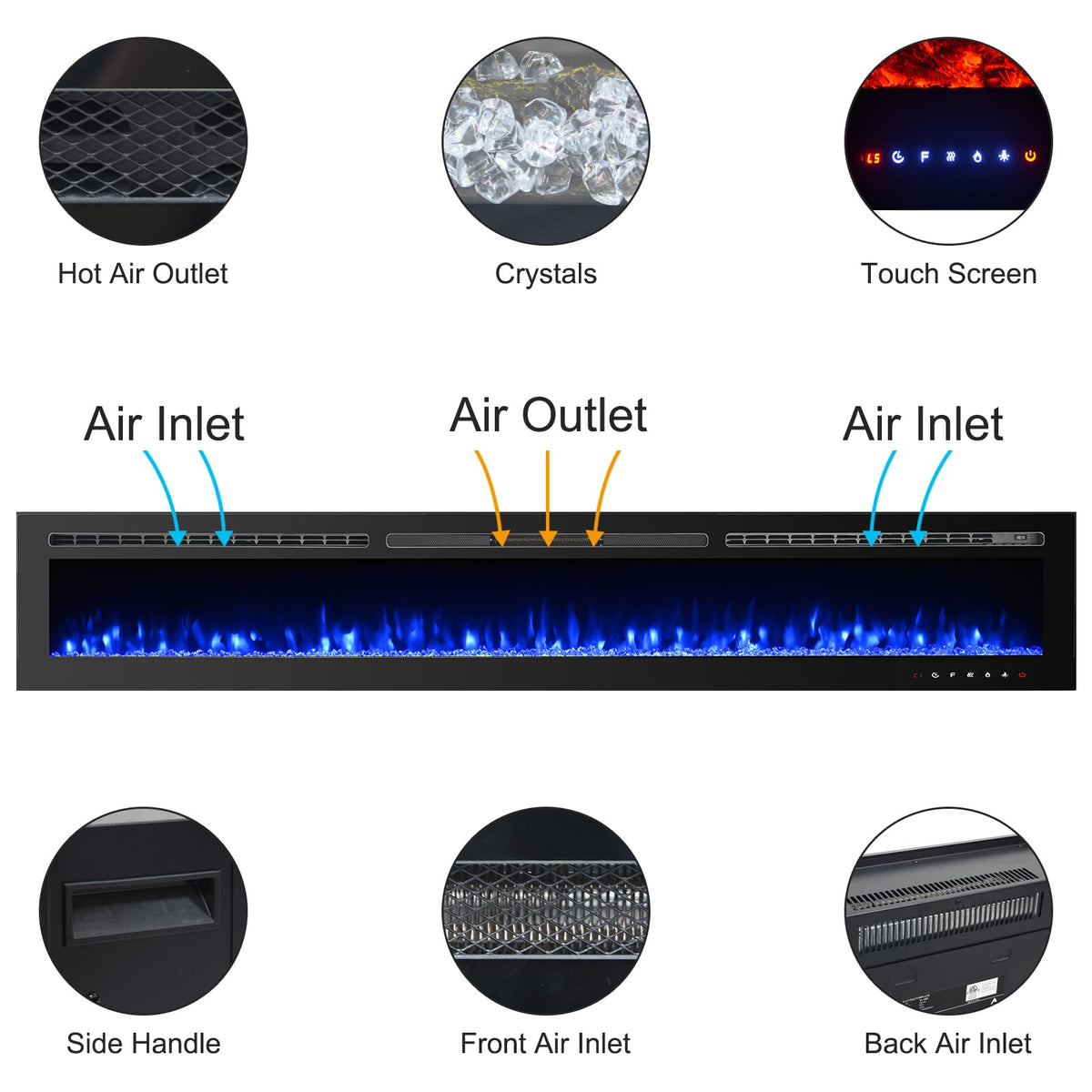 CharaVector 100 inch 750W/1500W Electric Fireplace Inserts with Remote Control in Wall Mounted, Energy Saving LED Insert Fireplace Heater Indoor Glass View with Remote Control & Touch Screen, Black