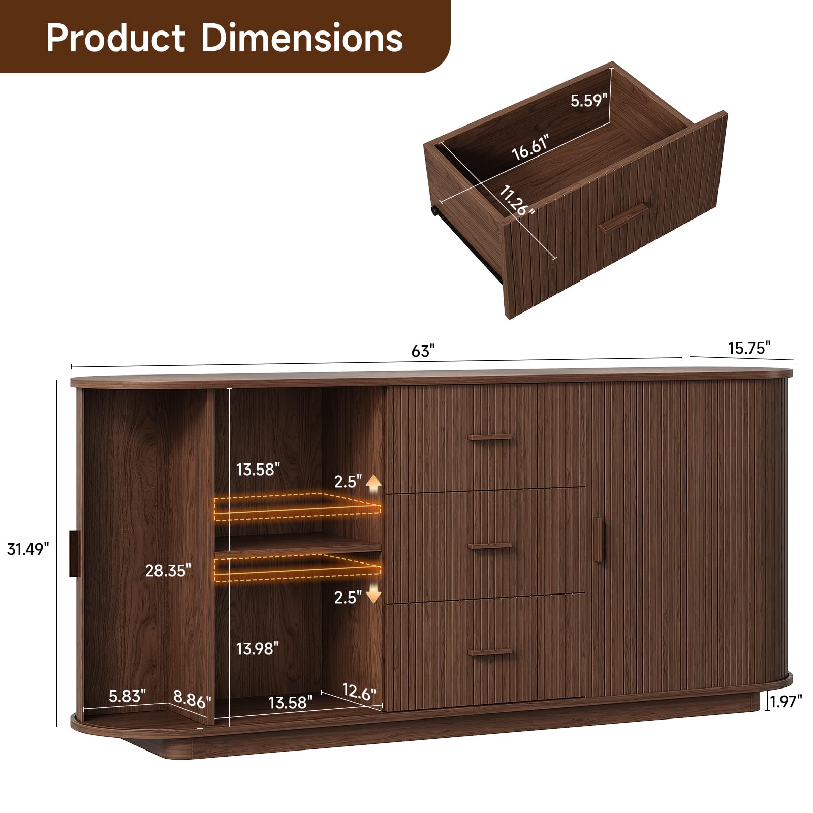63" Fluted Sideboard Buffet Cabinet with 3 Drawers & 2 Sliding Doors