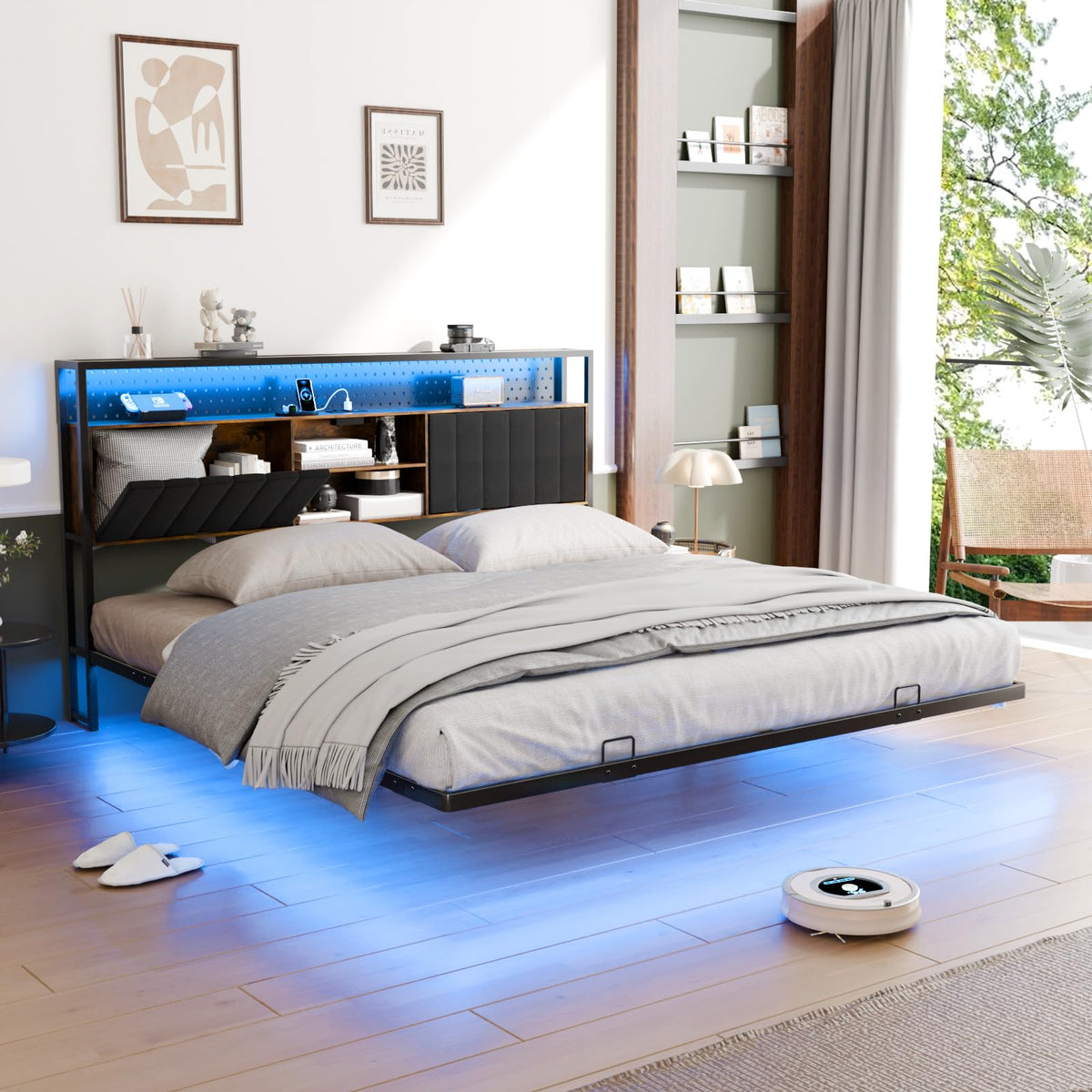 VINGLI King Size Floating Bed Frame with LED Lights and Charging Station, Cozy Hidden Storage Velvet Upholstered Headboard,No Box Spring Needed,Easy Assembly,Black