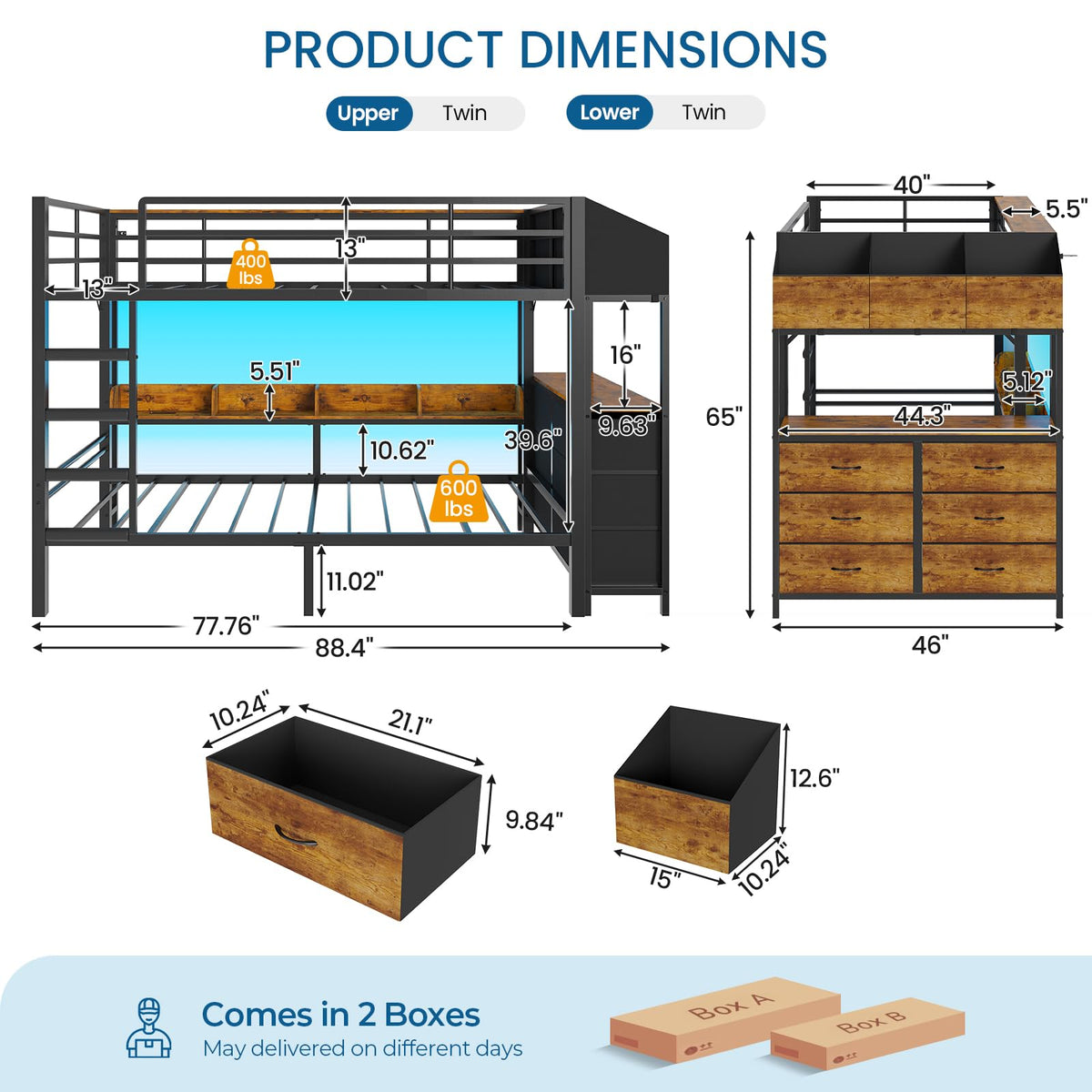 Twin Bunk Bed with Storage & LED Lights