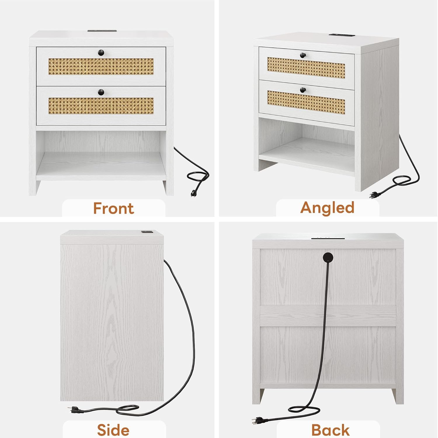 LIKIMIO Rattan Nightstand, 23inch Large White Nightstands Set of 2 with 2 Drawers and Charging Station, Boho Night Stand with Open Shelf for Bedroom, White Oak