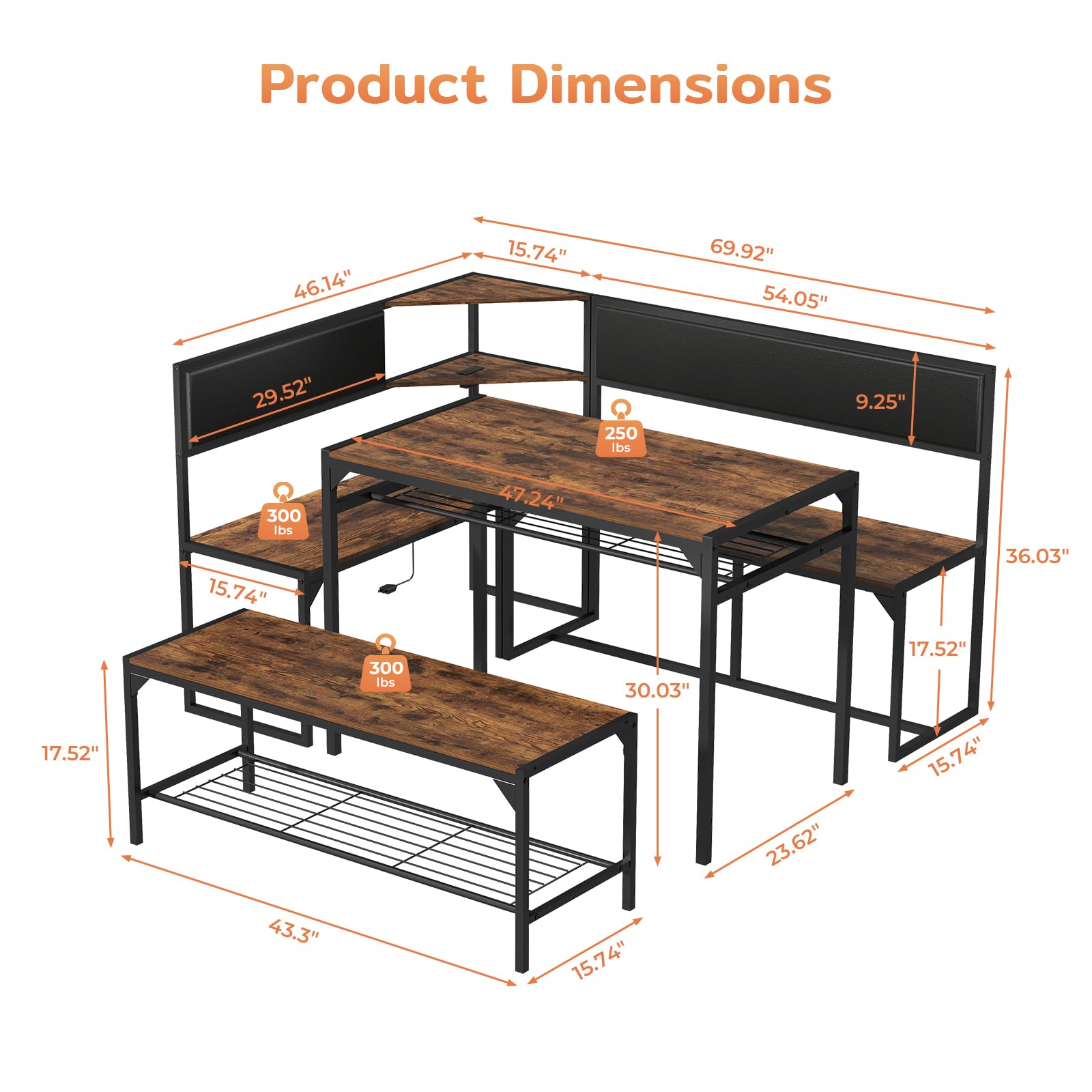 Zevemomo Kitchen Breakfast Nook Table Set for 4-6, Corner Dining Table Set with Charging Port, L-Shaped Corner Kitchen Table with Storage & Bench, Farmhouse Dining Table Set for Small Space, Brown