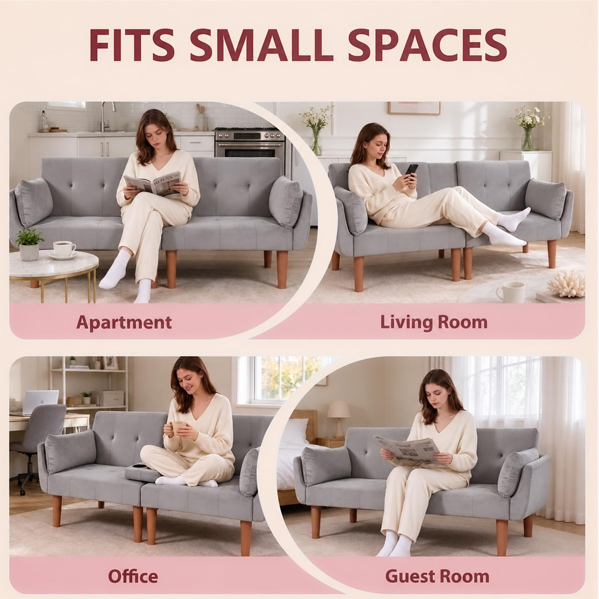 Modern 72 In Velvet Sofa Bed Futon, Tufted Recliner Loveseat Design (Gray)