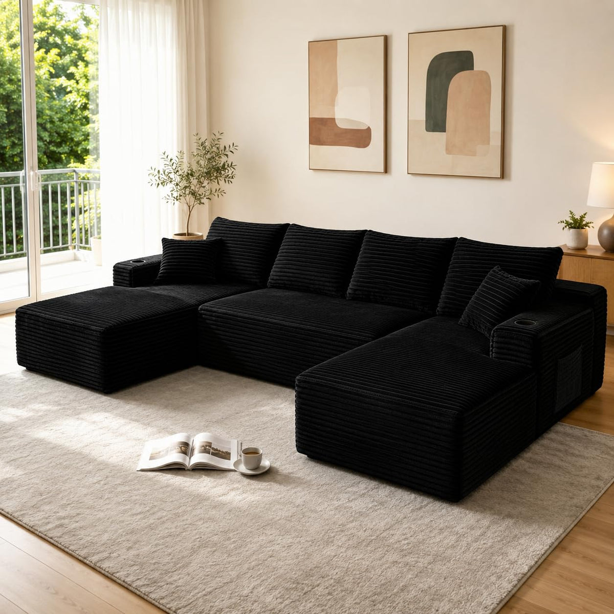 134" U-Shaped Boneless Couch,Modular Sectional Sofa with Foam Springs,Black