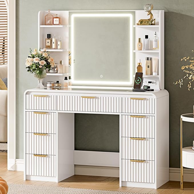Black Fluted Makeup Vanity with LED Mirror