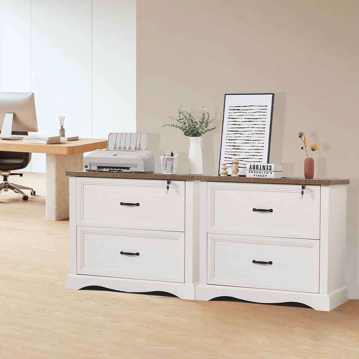 LayBurst 34.6" Farmhouse File Cabinet,Wood File Cabinet with Hanging File Folders,Top Drawer Lockable,Lateral Filing Cabinet for Home Office Compatible with Letter/Legal/A4 Size (2)