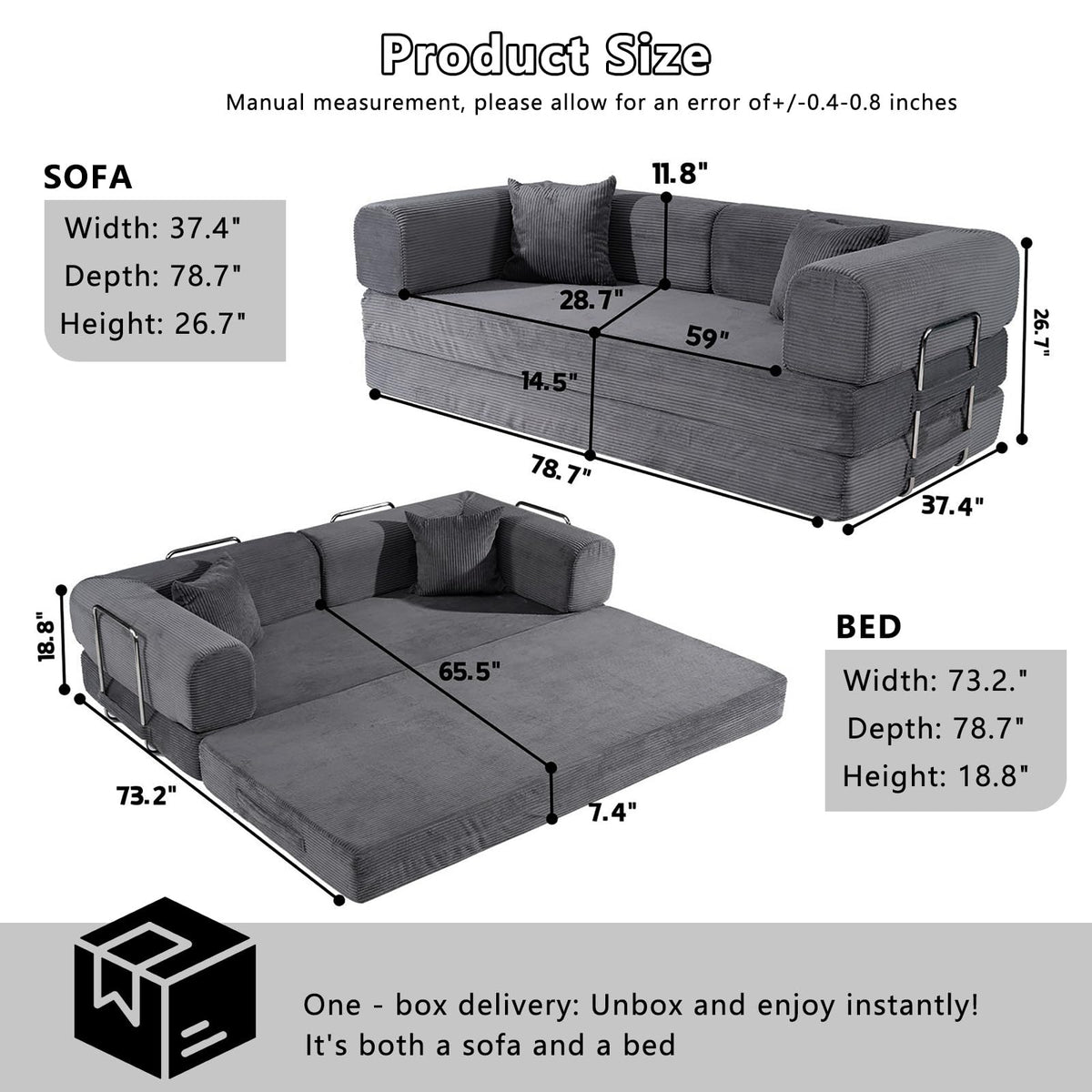 78" Convertible Sofa Bed,Folding Floor Couch,Boneless Bed Futon,Gray