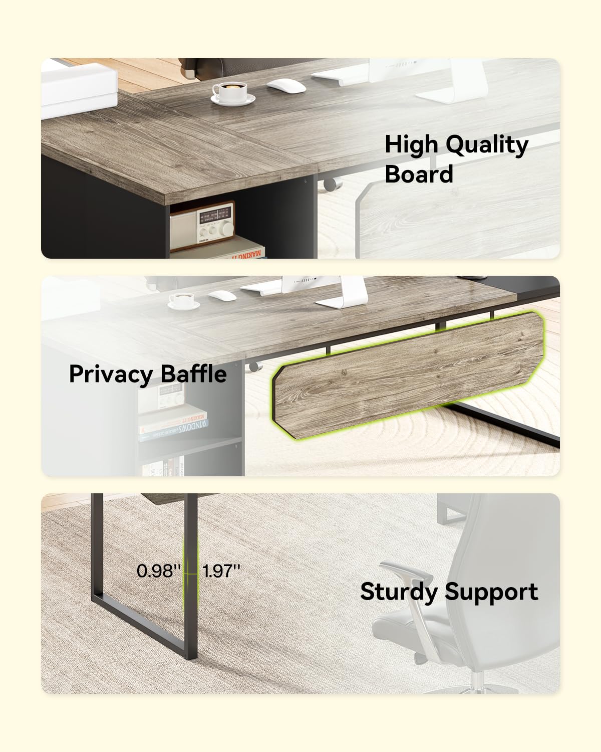 L-Shaped Executive Desk with File Cabinet, 70.8" – Grey & Black