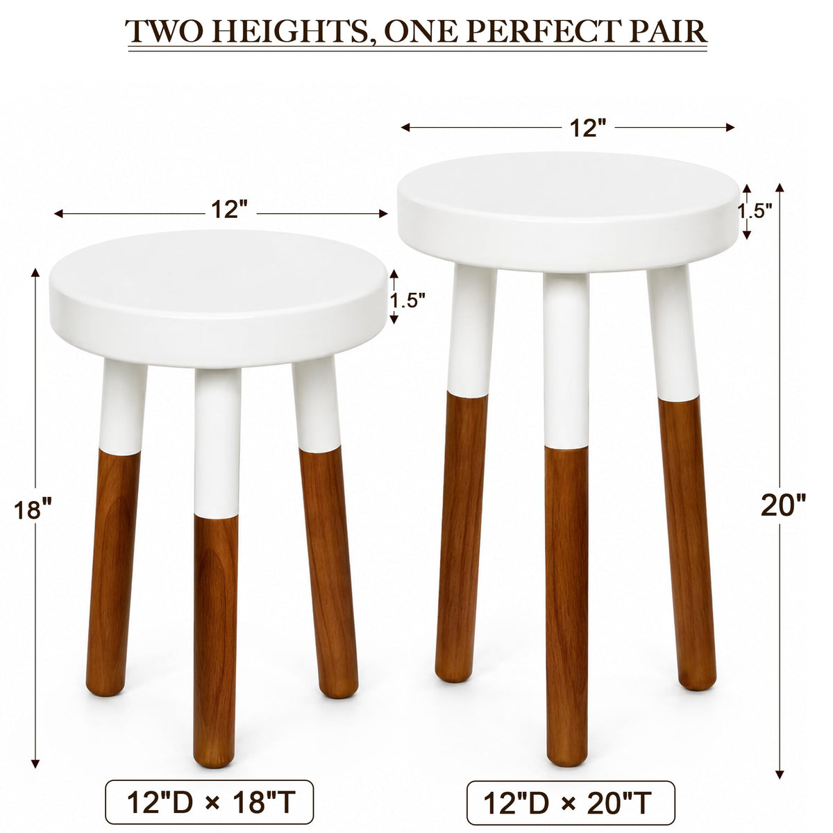 LitaEther Modern Side Table Set of 2, Solid Wood Accent Table,12" D x 12" W x 20" H & 12" D x 12" W x 18" H Small End Table for Living Room Bedroom, Plant Stand, Bathroom Stool, Pedestal Drink Table