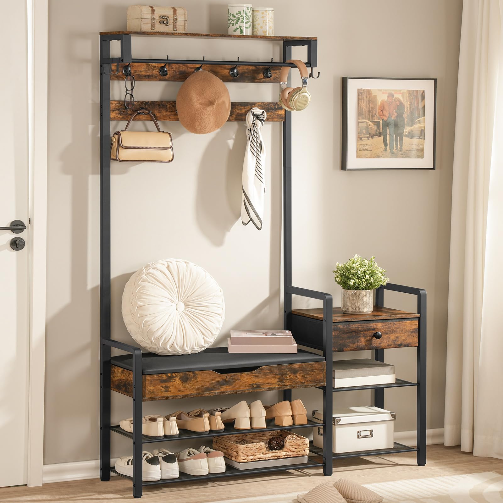 5-in-1 Hall Tree with Bench & Shoe Rack