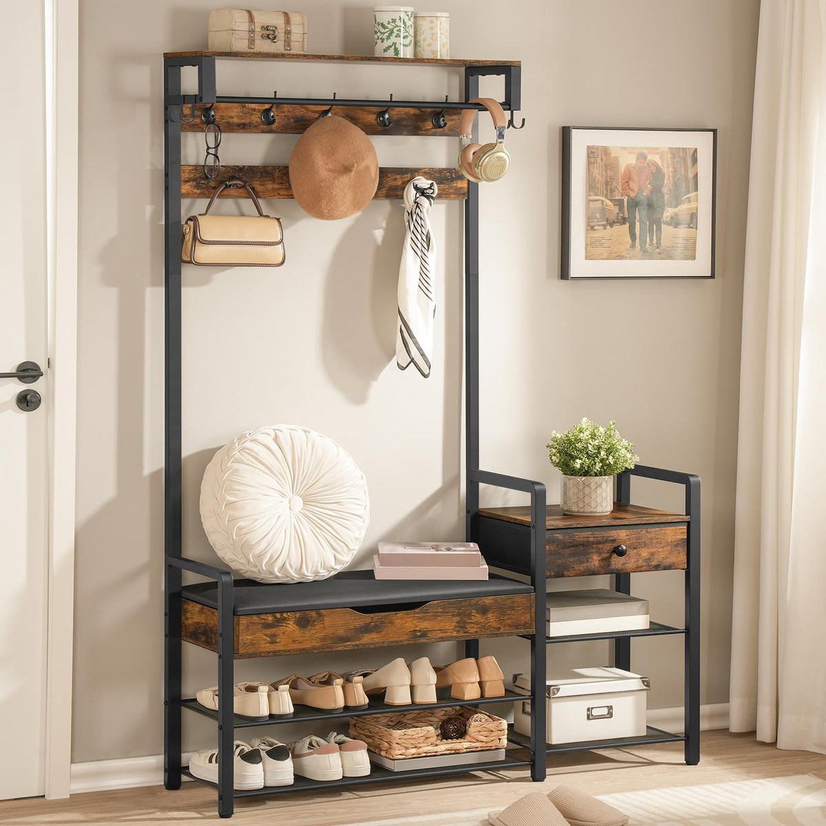 Hall Tree with Cushioned Storage Bench