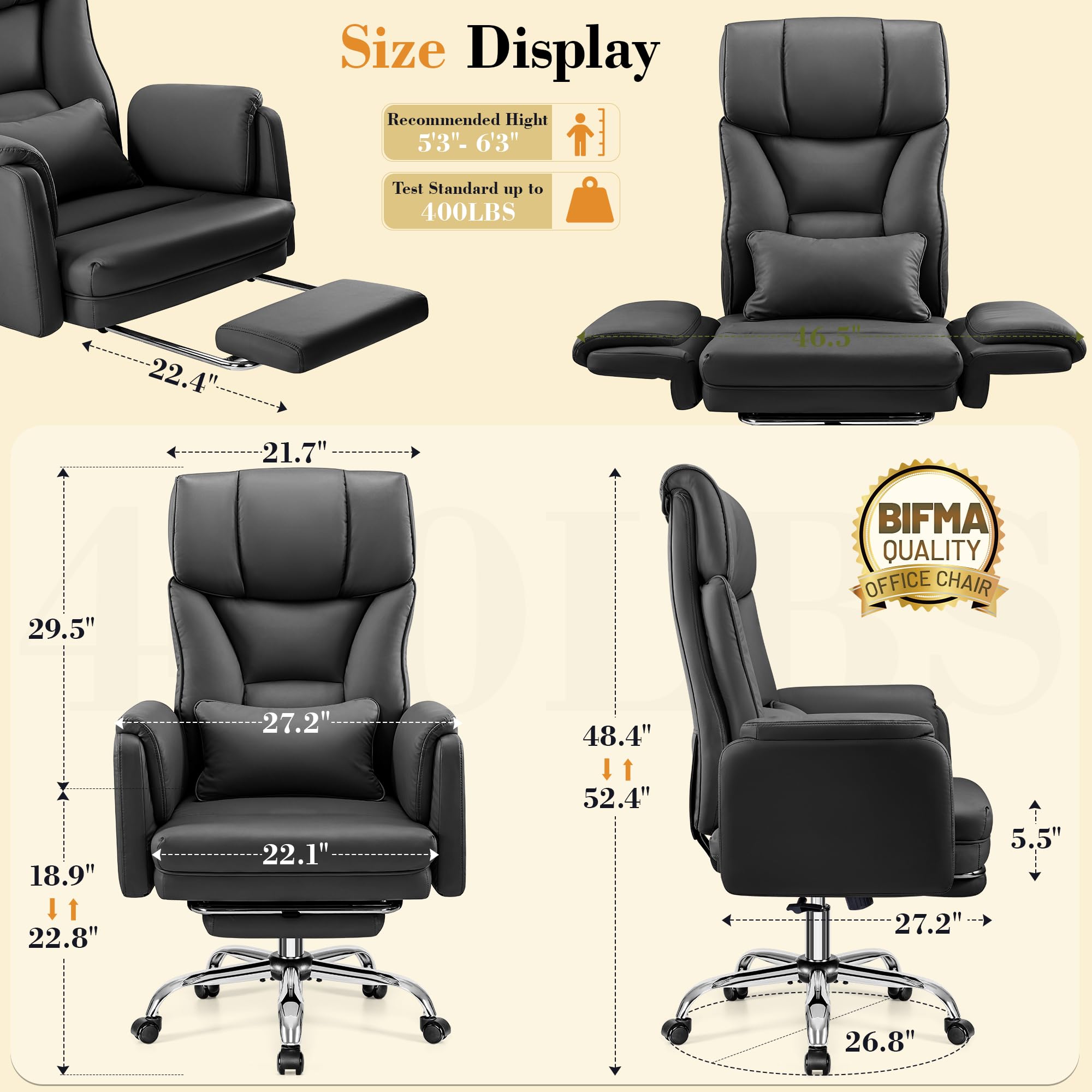 Wide Reclining Office Chair with Footrest & Lumbar Support