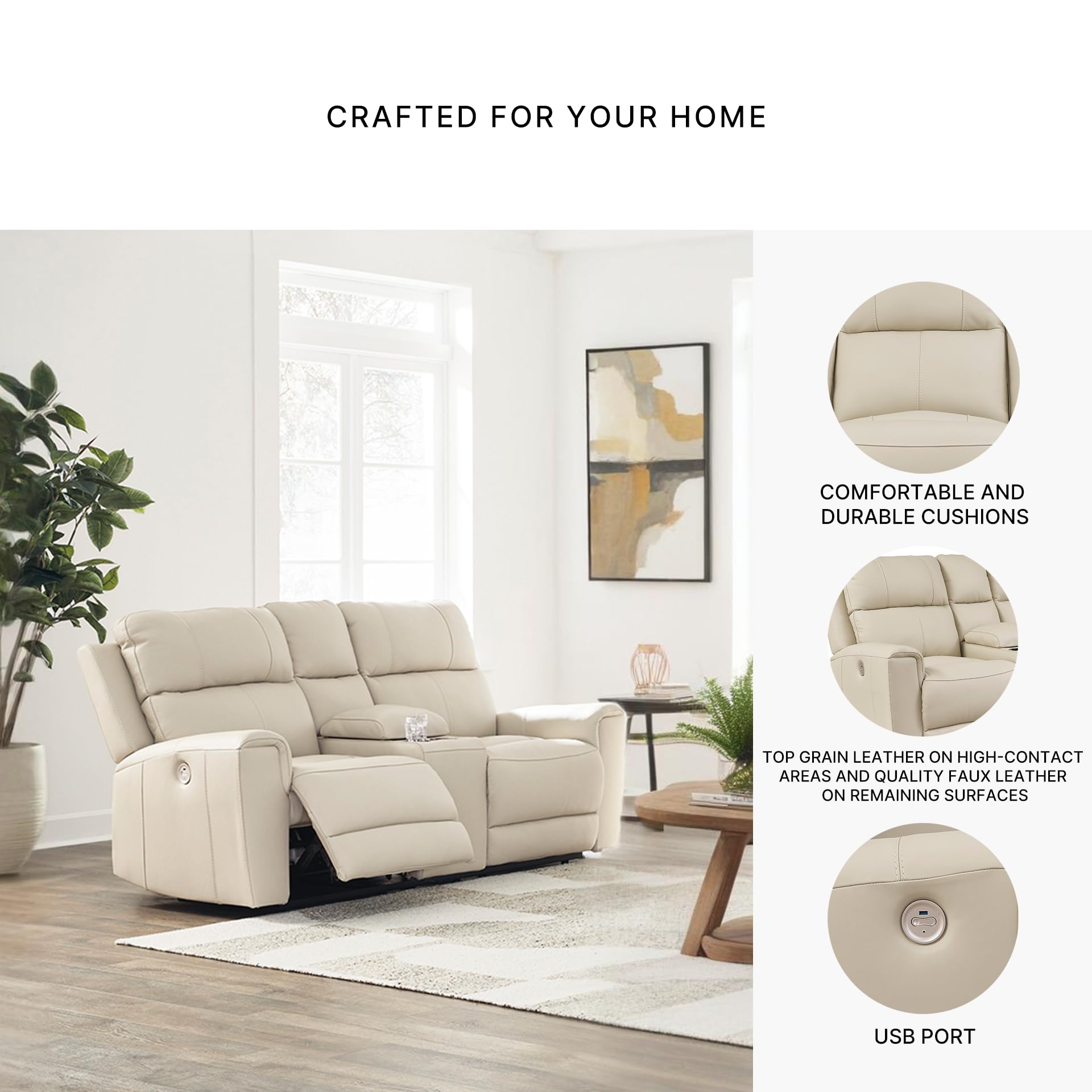 Signature Design by Ashley Dahlmoore Contemporary Leather Match Power Reclining Loveseat with Console and USB Ports, Beige