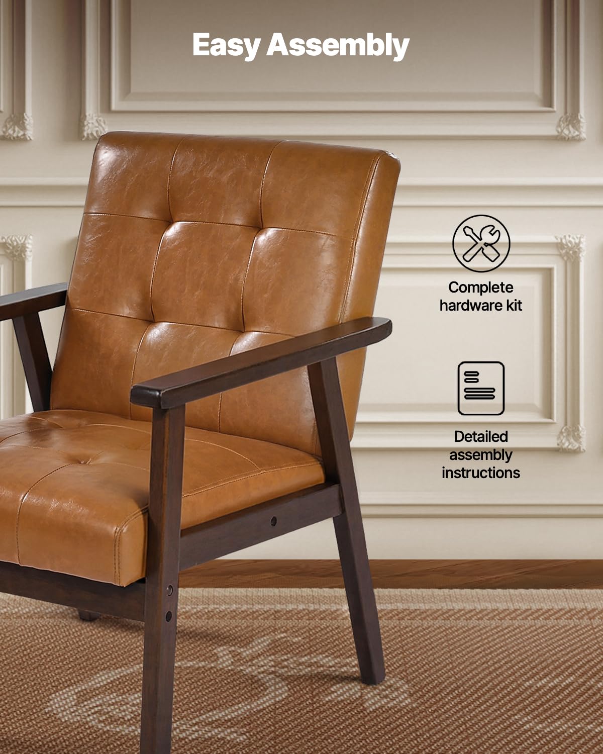 VEVOR Accent Chair, Mid Century Modern Armchair with Solid Wood Frame and Non-Slip Legs, Upholstered Leisure Chair with PU Leather and Soft Cushion, for Living Room, Bedroom, Office