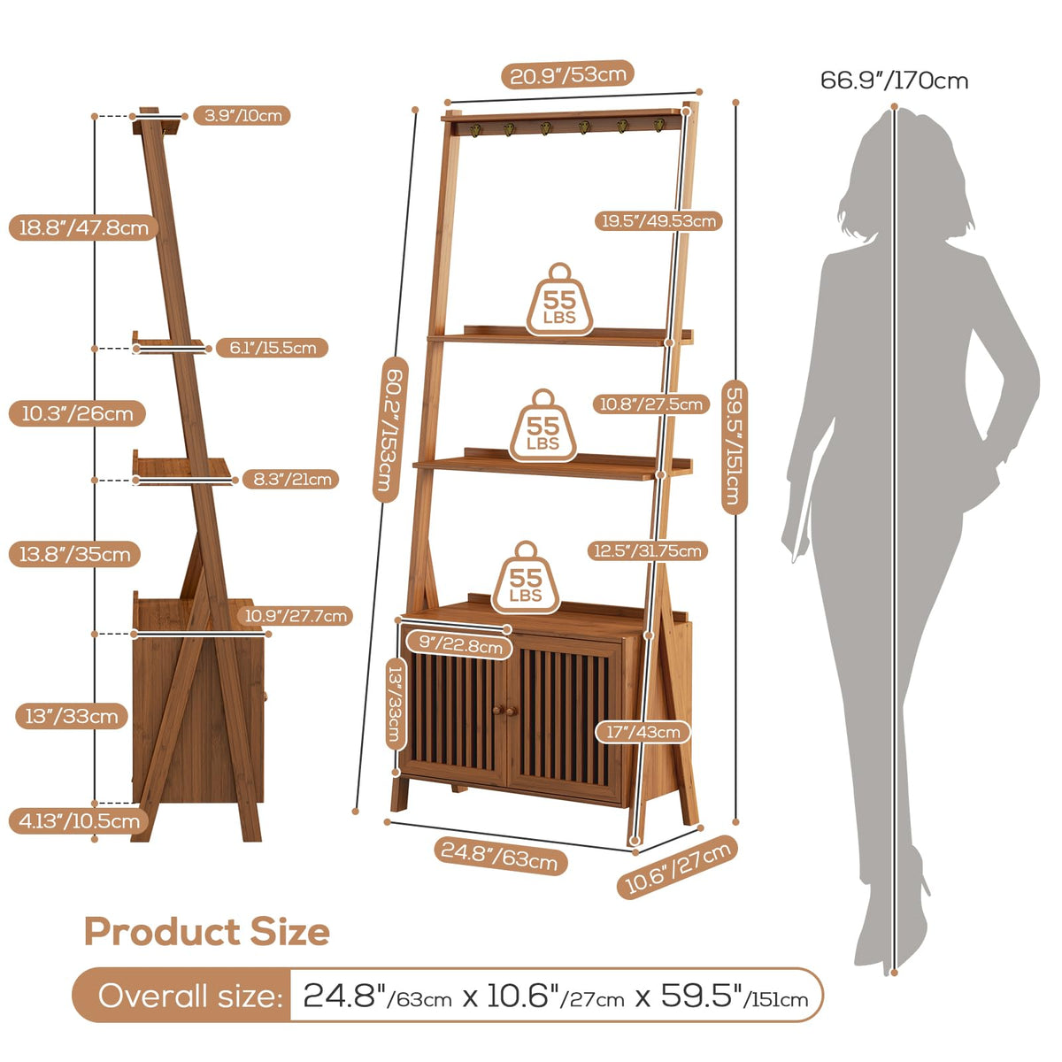 Bookcase with Drawers, Ladder Shelf 4-Tier Bamboo Bookshelf with 6 Hooks