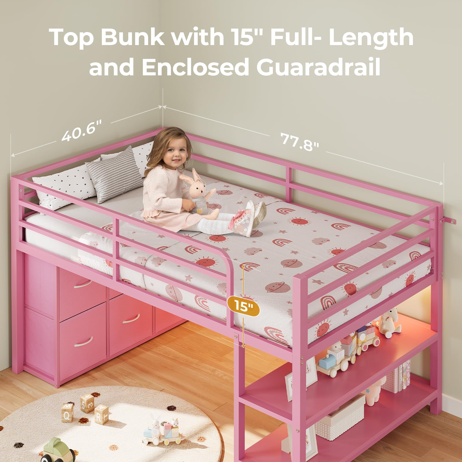 Kids Twin Low Loft Bed with LED Lights & Storage