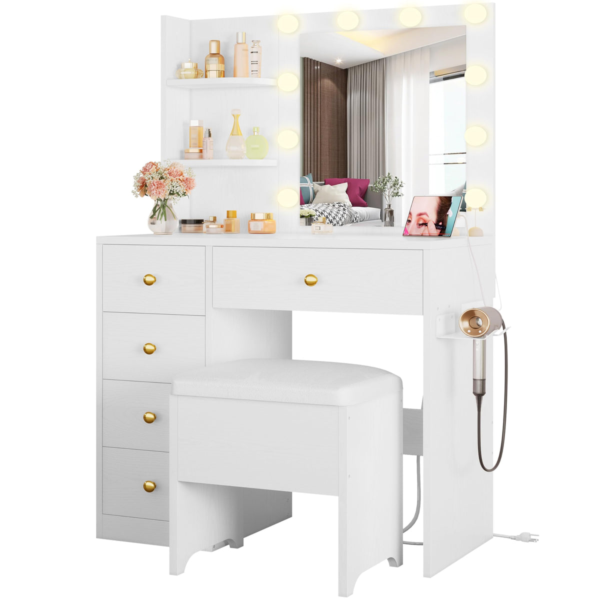 White Vanity Desk with Mirror and Lights