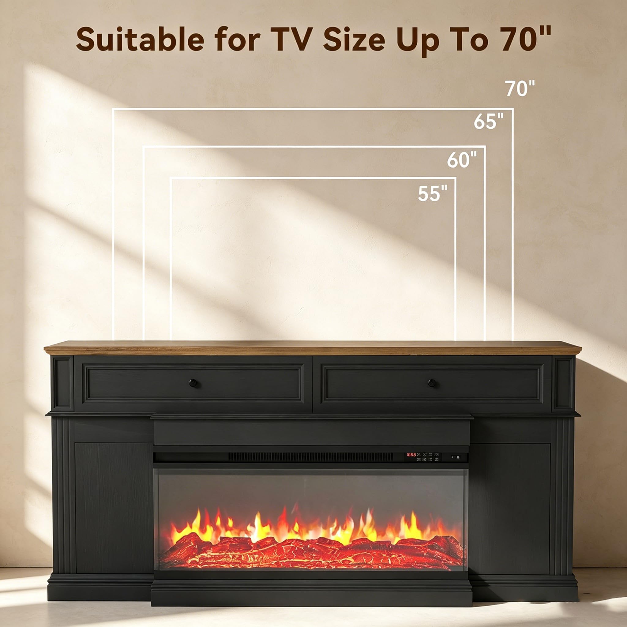Breezestival Electric Fireplace TV Stand with 3-Sided Fireplace, 63" Entertainment Center for TVs up to 70", Modern Media Console with Large Storage, Black