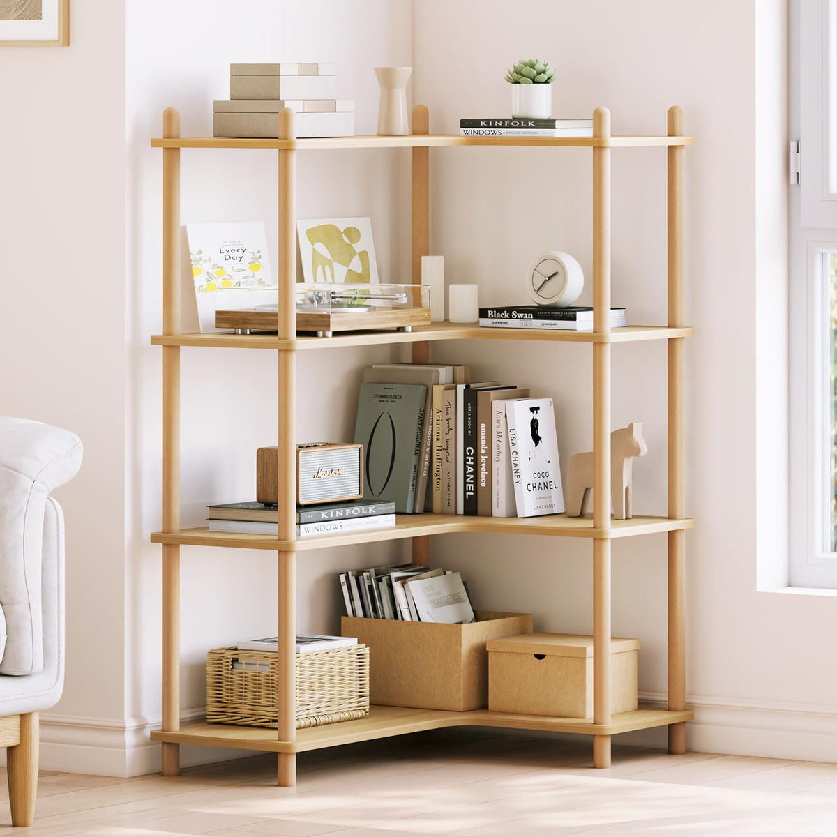 LUSHF L-Shaped Open Corner Bookshelf - 4-Tier Freestanding Bookcase, Oak