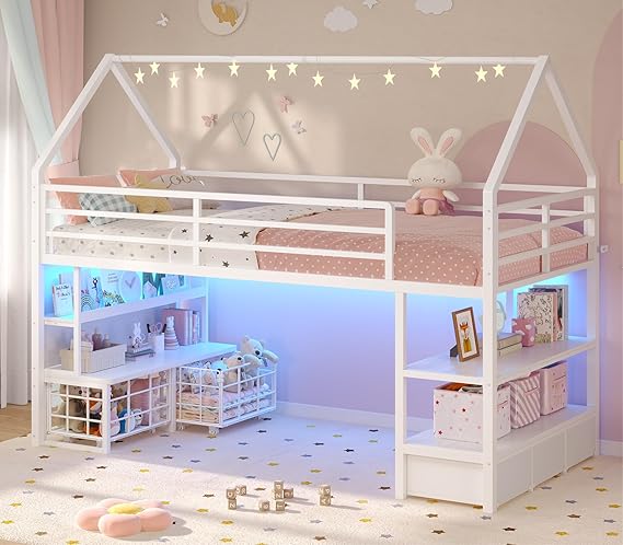 Twin Kids Loft Bed with Storage & LED Lights