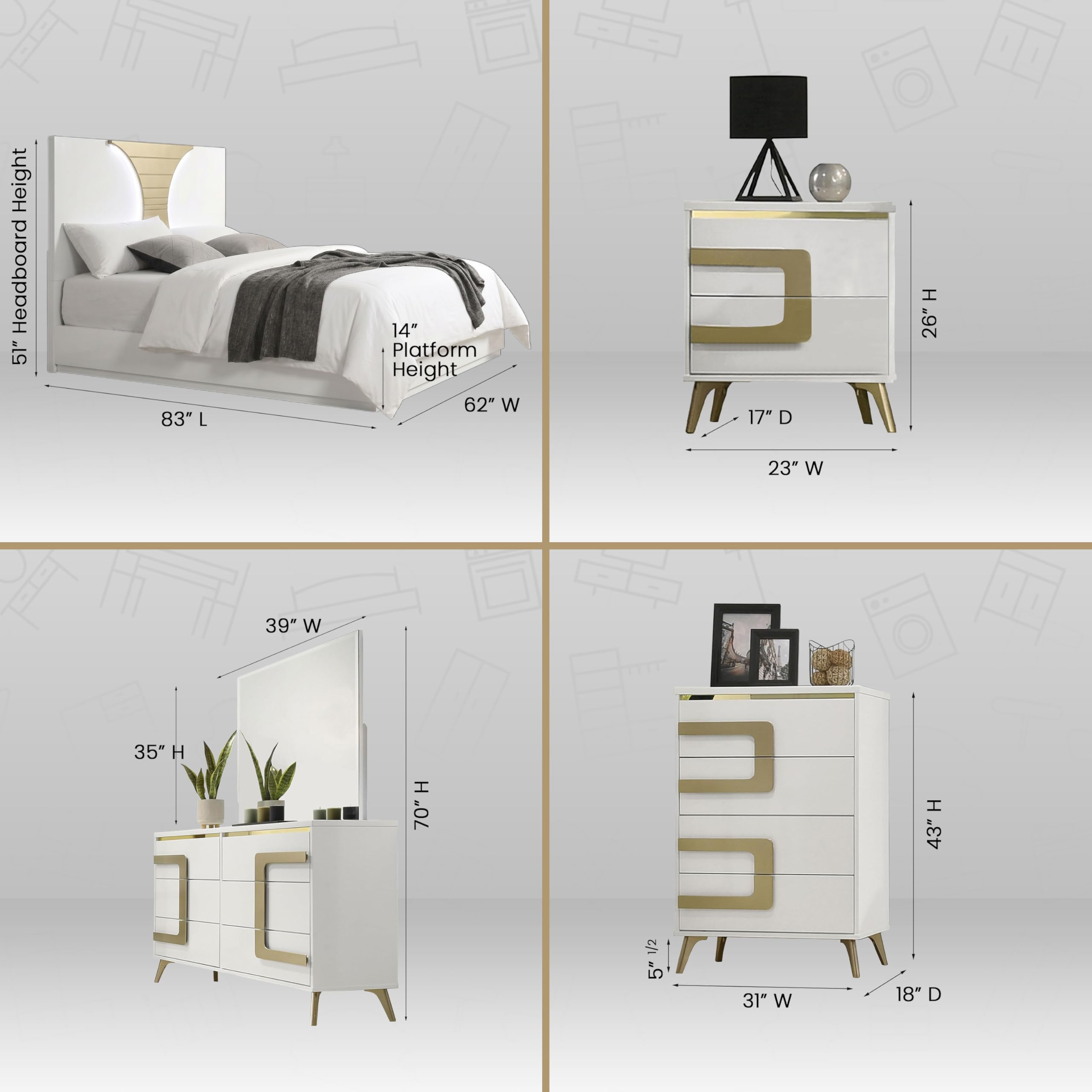 Claire 6-Piece Bedroom Set with LED Headboard – White & Gold