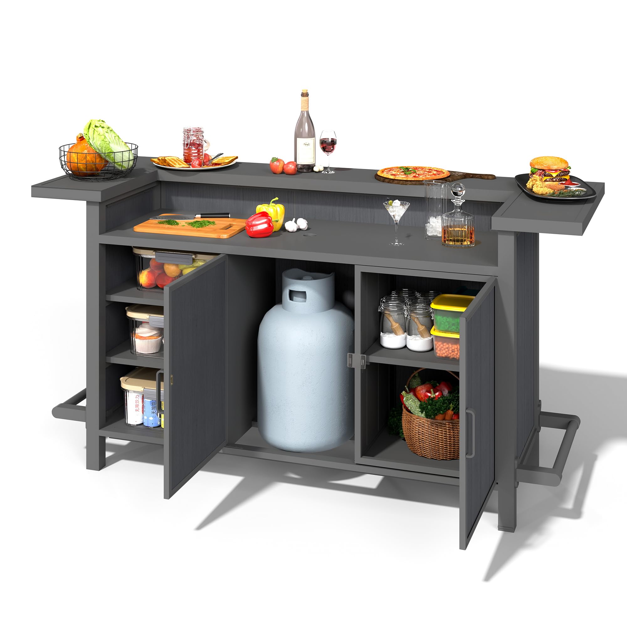 Domi Patio Bar Table, Outdoor Aluminum Bar Height Table with Cabinet, All Weather Use Storage Patio Cart for Patio Kitchen or Bar Cart, Black Grey