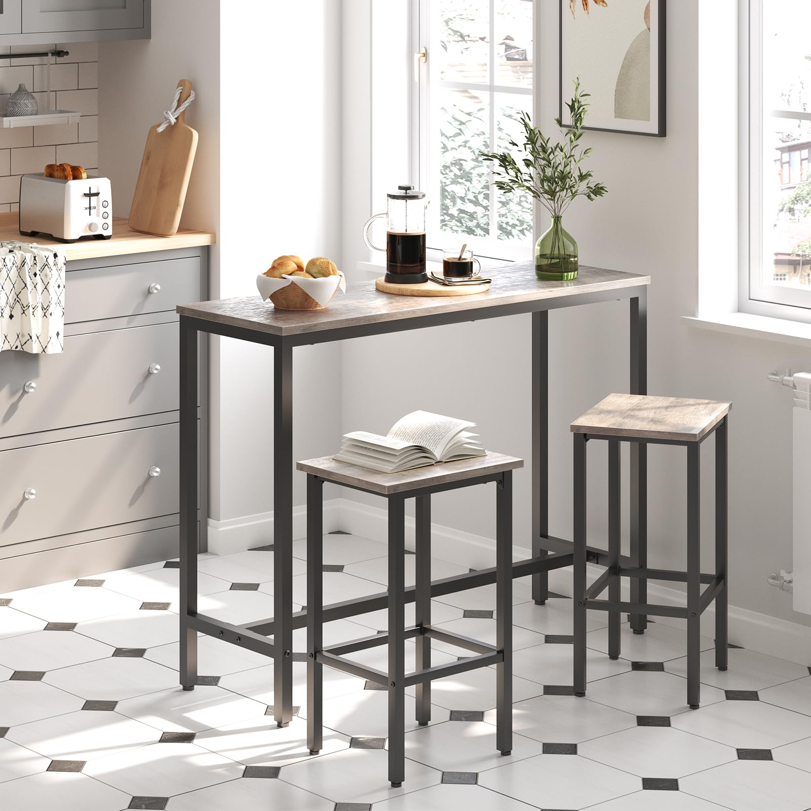Industrial Bar Table Set with 2 Stools