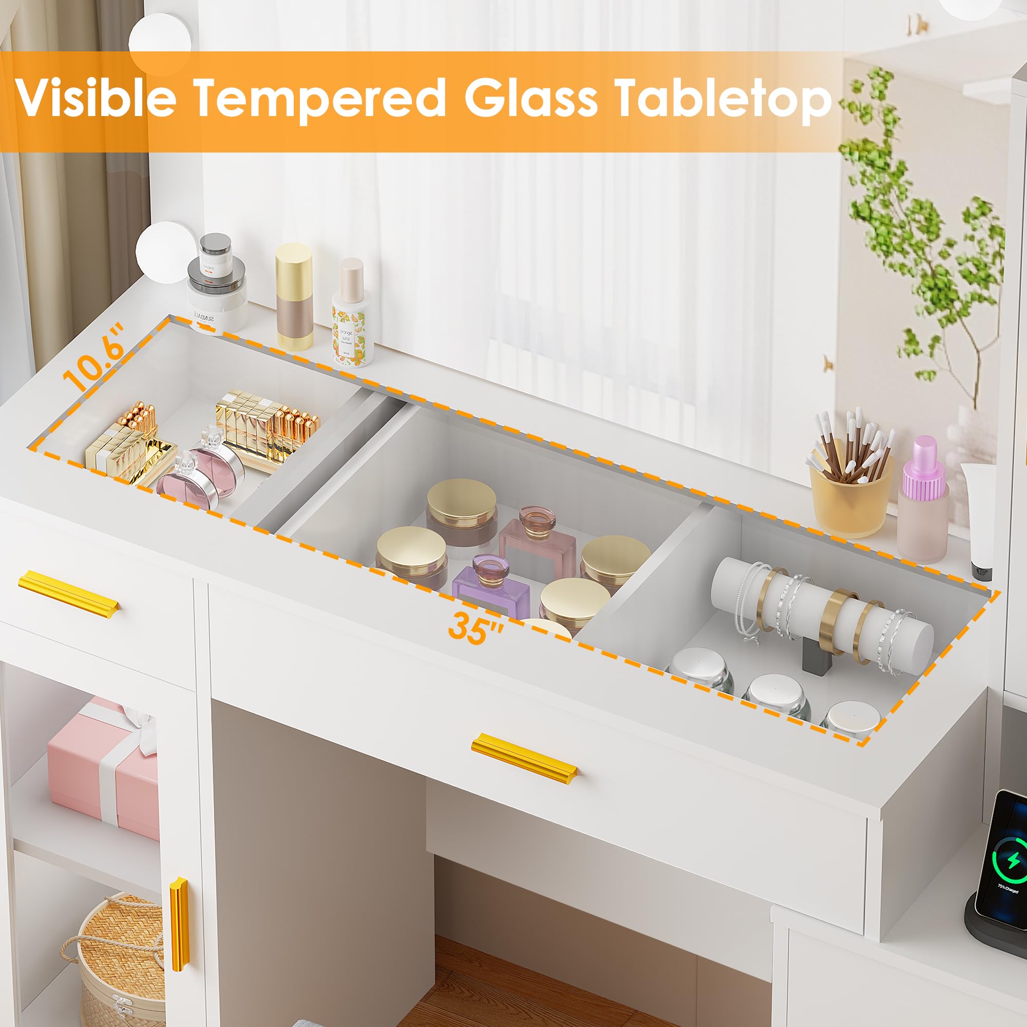 BEWISHOME 49.2" Large Vanity Desk with Mirror and Lights,White Makeup Vanity Table with Glass Top,Stool,Makeup Desk with Power Outlet,5 Drawers,Nightstand,Dressing Table for Bedroom Women FST34W