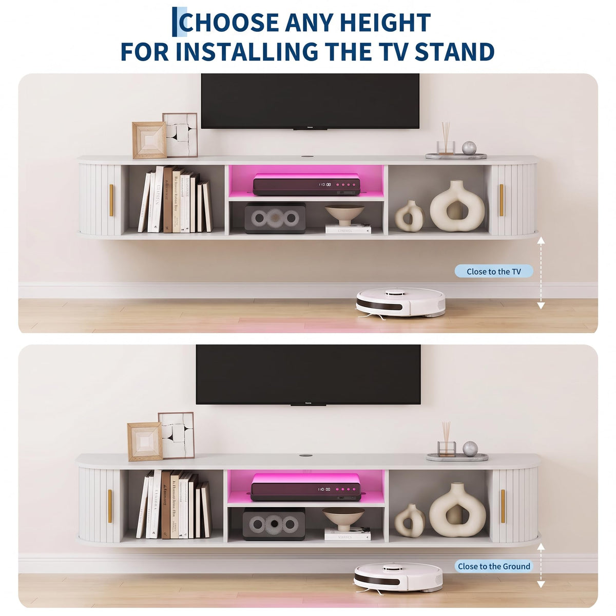 Takwep 70" Floating TV Stand With Storage,Fluted Entertainment Center White