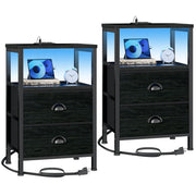 Furologee Nightstand Set of 2 with LED Lights, Charging Station, Black Oak