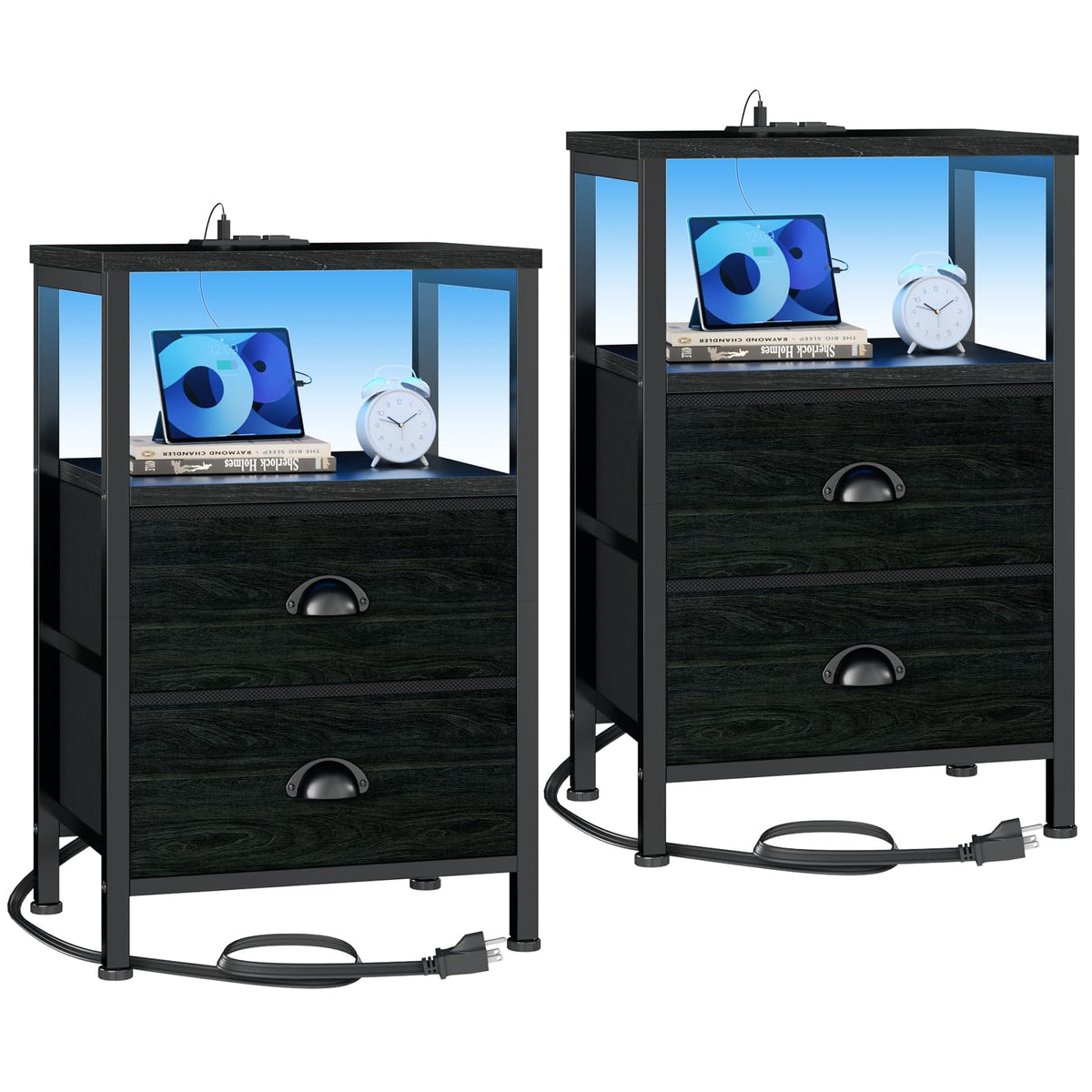 Furologee Nightstand Set of 2 with LED Lights, Charging Station, Black Oak