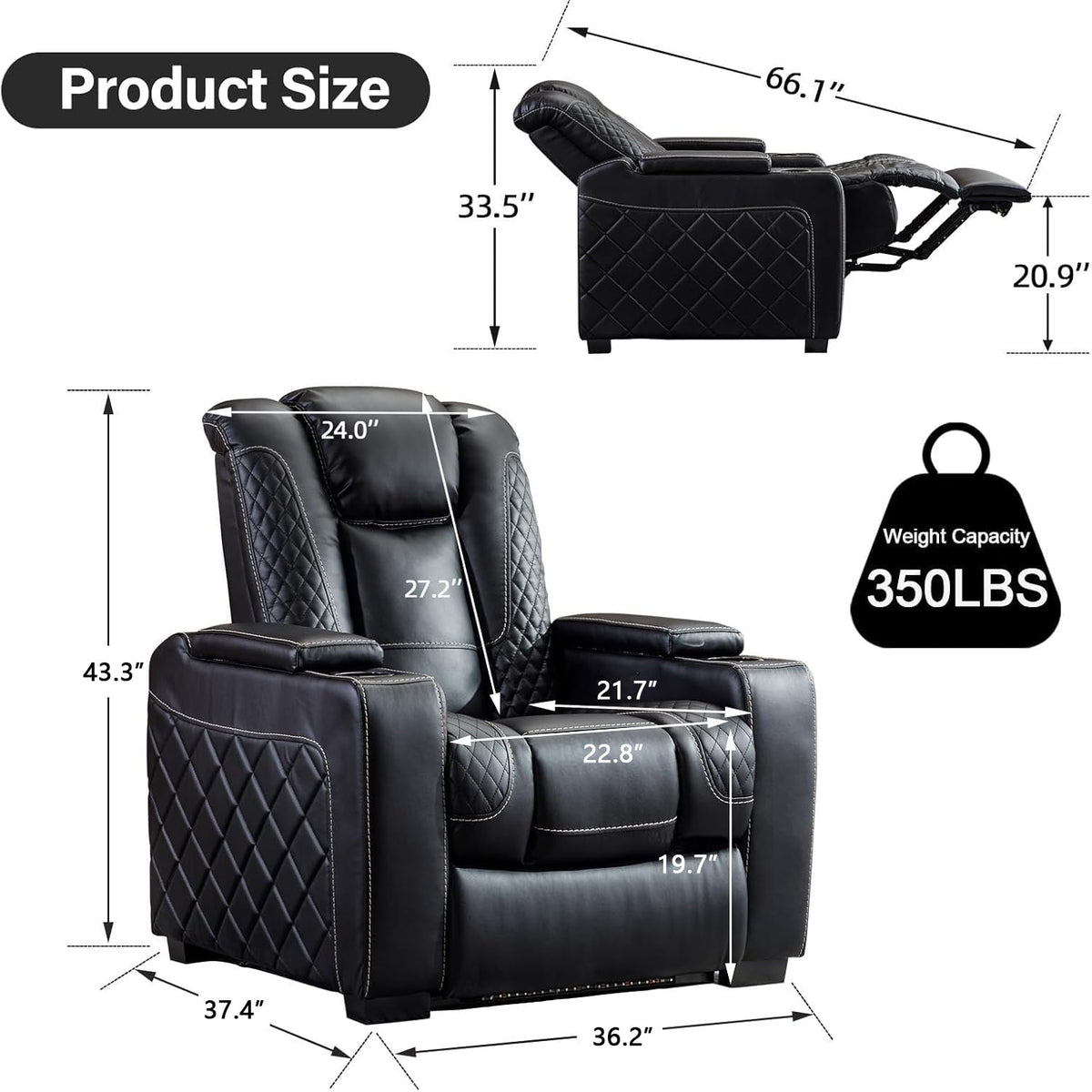 EBELLO Electric Power Recliner Chair with Adjustable Headrest, Faux Leather Home Theater Seating Chairs with Ambient Lighting, Hidden Arm Storage, USB Ports, Cup Holders, for Movie & Media Room