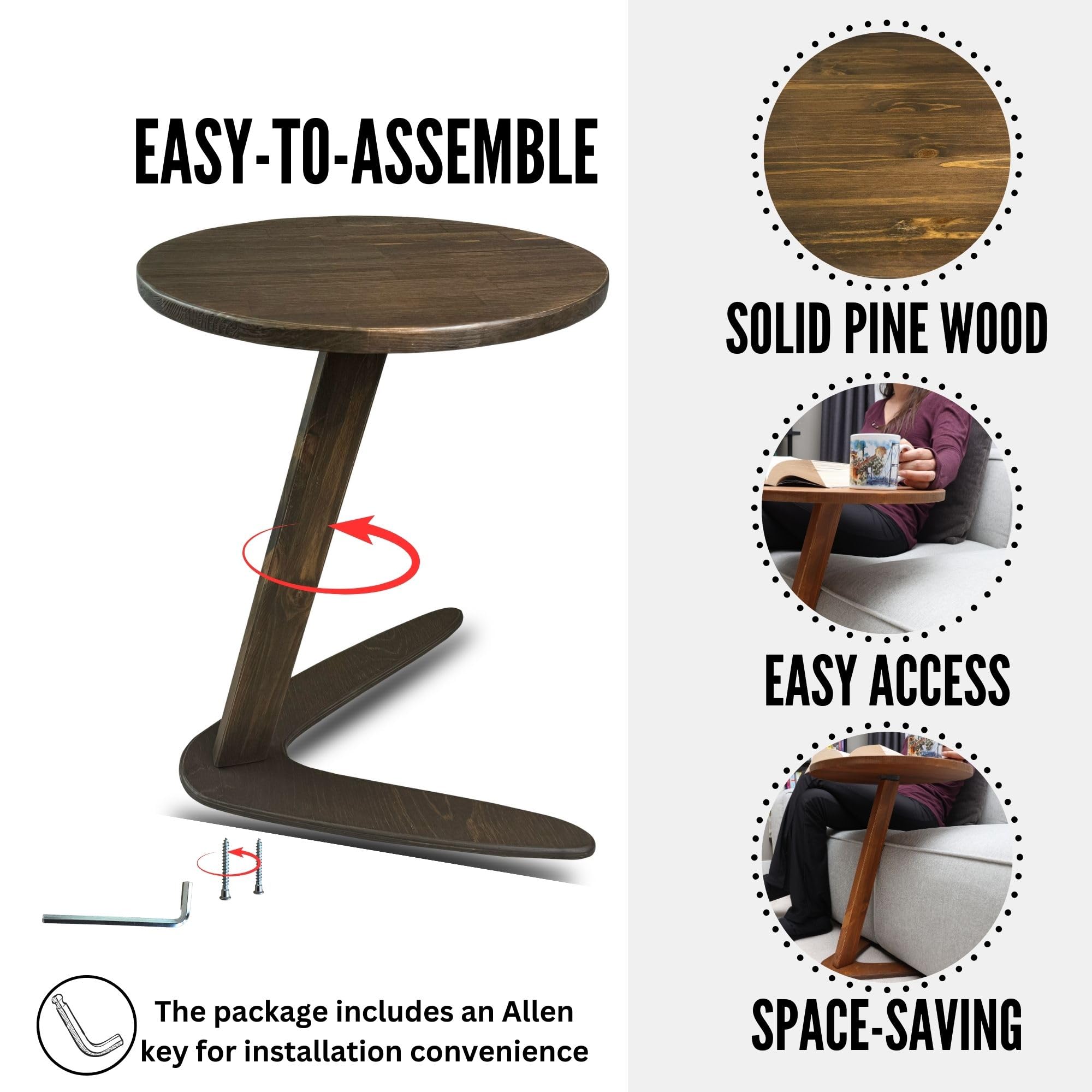 GENESIS WOODESIGN C-Shaped Handmade Solid Wood End Table, Side Table for Couches, Sofa Tables Slide Under Couch for Living Room, Over Couch TV Tray Table for Small Spaces (Medium, Dark Walnut)