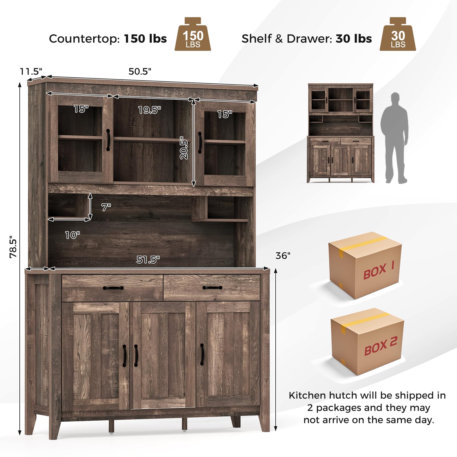 Tall Kitchen Hutch Storage Cabinet with Glass Doors & Microwave Shelf