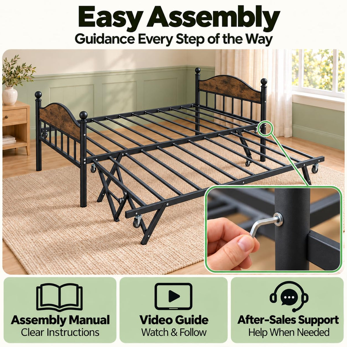 IDEALHOUSE Twin Daybed with Trundle, Foldable Pop Up Metal Twin Bed Frame