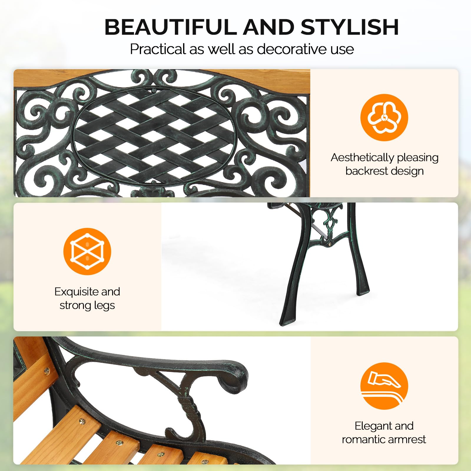 Arched Back Outdoor Bench – Cast Iron & Teak, 3-Seater