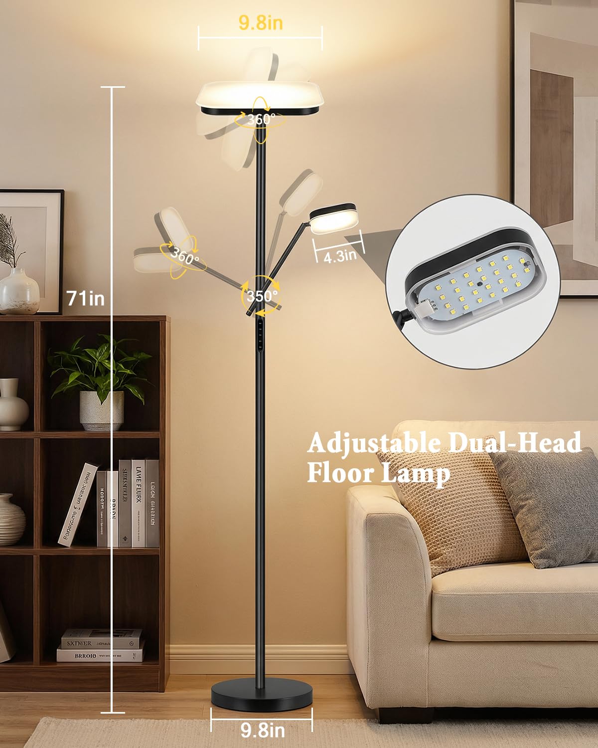 Floor Lamp, Upgraded 36W 3000LM Torchiere Super Bright LED Floor Lamp for Living Room, Stepless Dimmable Black Modern Standing Lamp with Remote & Touch Control, Tall Lamp for Bedroom, Office, Black