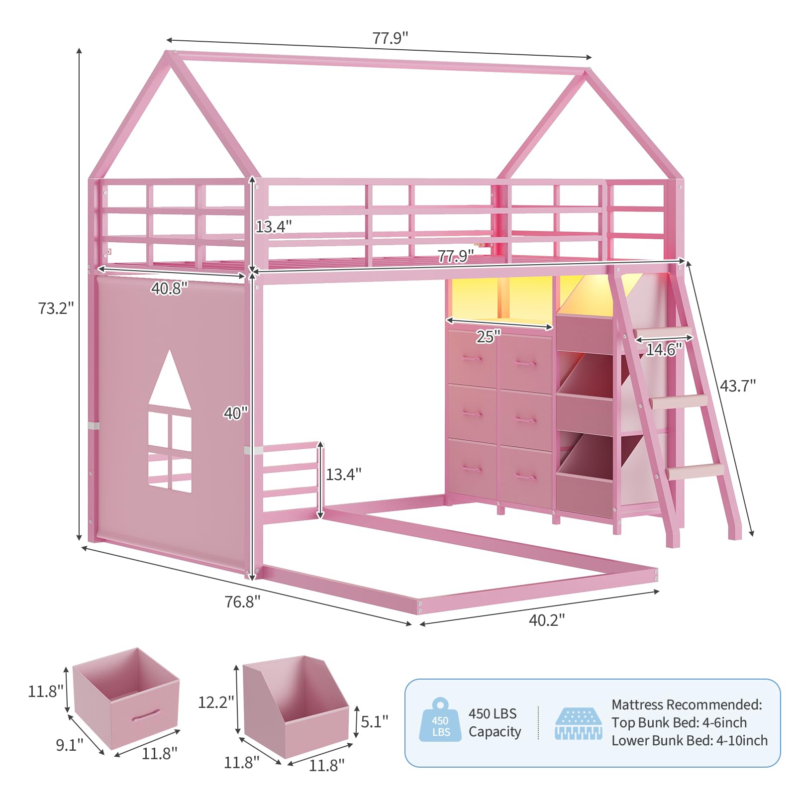 Twin Over Twin House Bunk Bed with LED Lights & Storage
