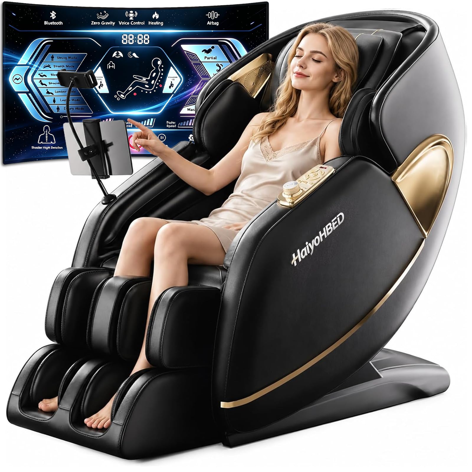 HaiyoHBED 2026 4D Massage Chair Full Body, PU Leather Zero Gravity Heated Back Foot Hand Massage Recliner, AI Voice Control, Office and Living Room Furniture, Portable - Black