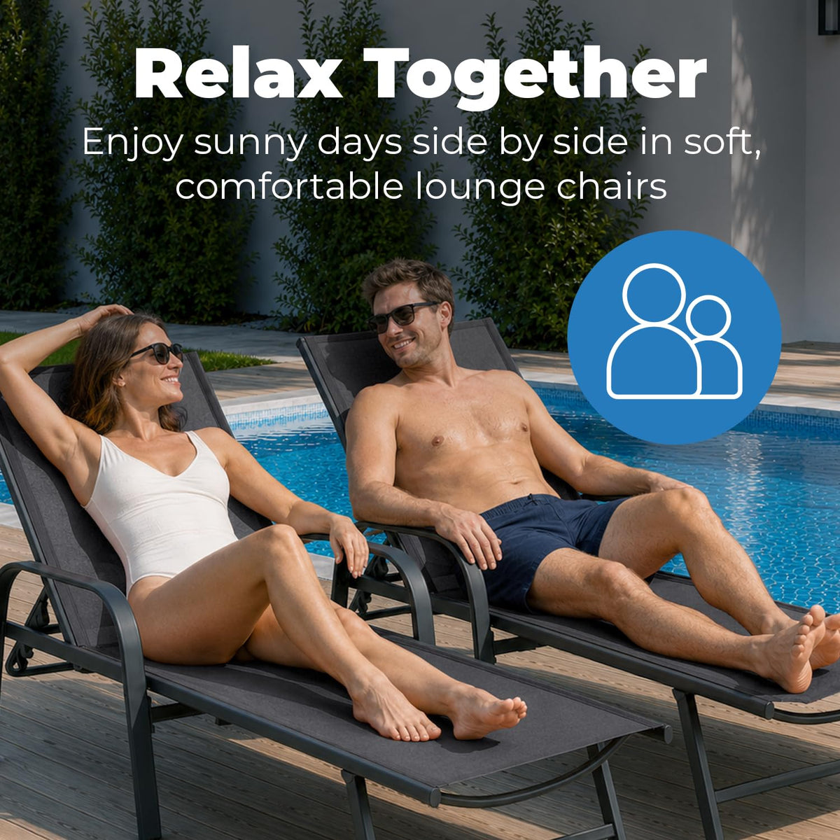 ComfySure Metal Outdoor Lounge Chairs, Set of 2 with Armrests – 5-Position Adjustable Recline, Weather-Resistant Anti-Rust Finish – Patio, Deck & Poolside Sun Loungers, Charcoal