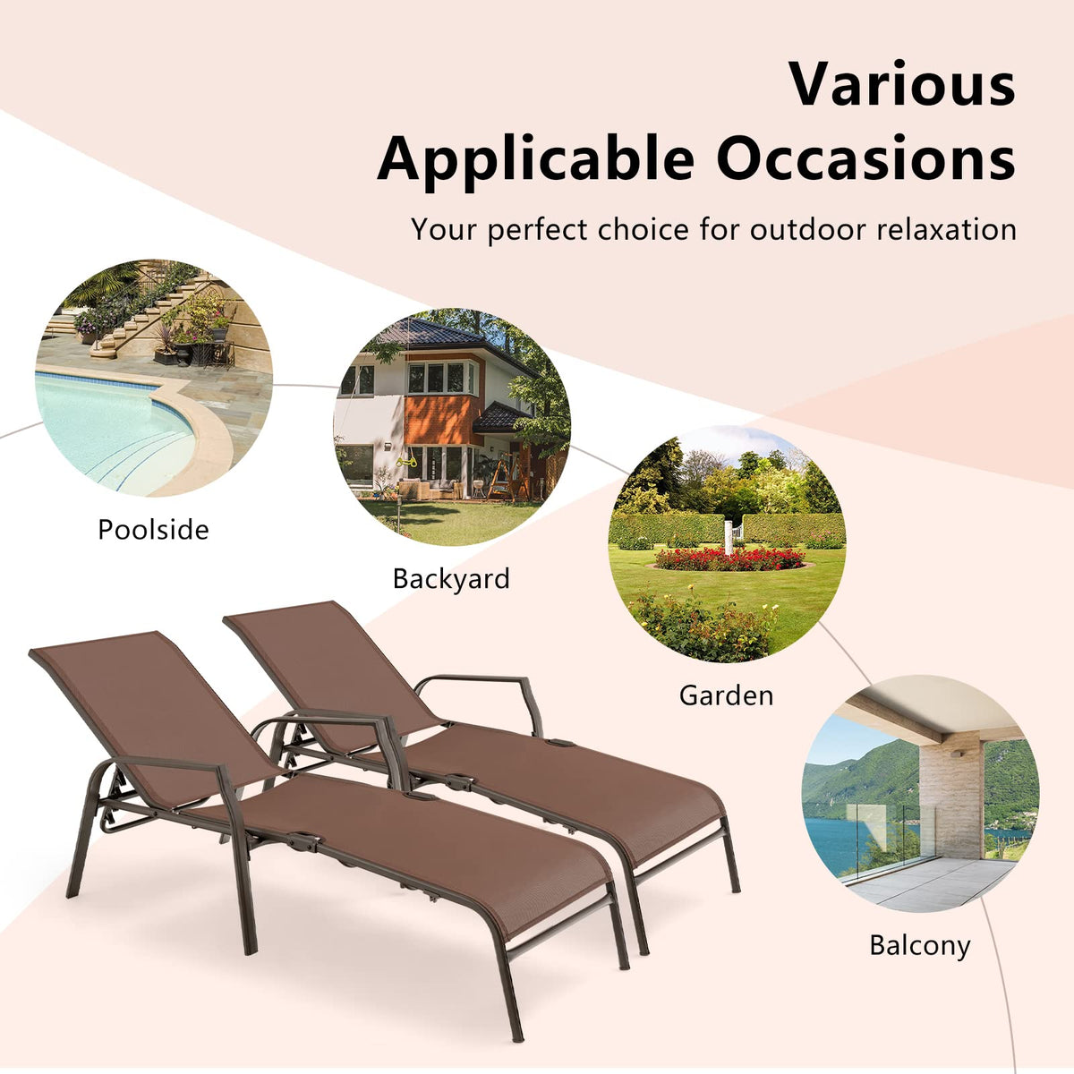 GIANTEX Set of 2 Outdoor Chaise Lounge Chair, Patio Stack-able Folding Lounger with 5-Level Adjustable Backrest, Steel Frame, Outside Recliner for Poolside, Backyard Sunbathing Chair (2, Brown)