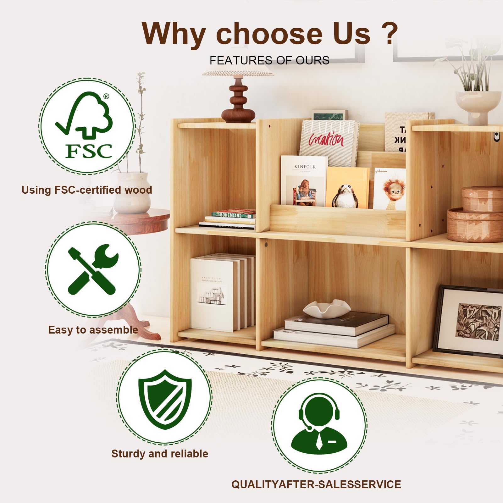 Chyanmoo Wooden Bookshelf, 2 Tier Low Profile Horizontal Bookcase with Storage Organizer, FSC Certified Wood, Space Saving Display Shelf for Living Room, Bedroom, Home Office